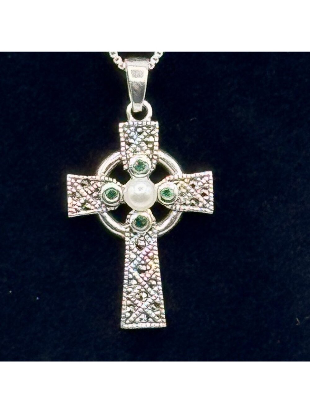 Emerald Sterling Cross Pendant Necklace Marcasites Pearl Center 925 Box Chain - Picture 4 of 14